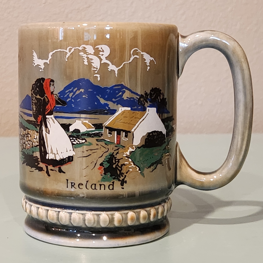 Vintage Ireland Scenic Hand Painted Gray Green Ceramic Mug - MCM Pottery